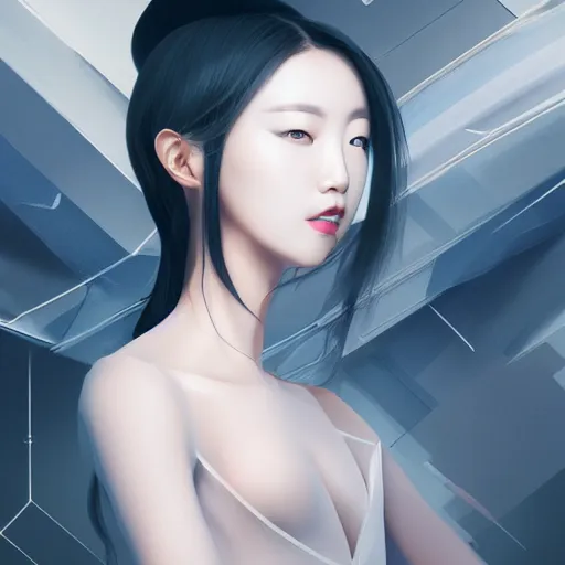 Prompt: close-up portrait of a beautiful Korean Luxurious Goddess wearing an elegant futuristic outfit posing dramatically in the art style of WLOP, rule of thirds, fair complexity, 4k quality