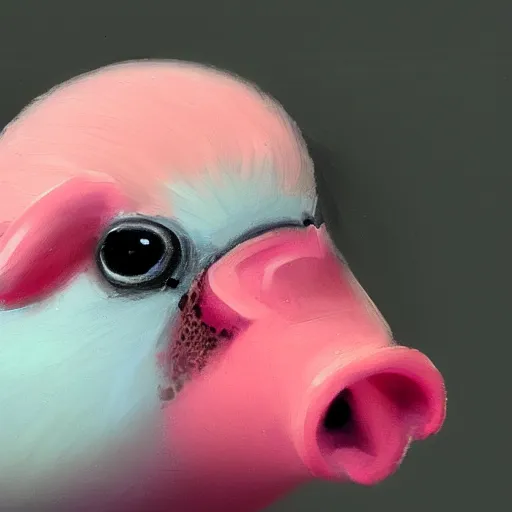 Image similar to an oil painting of a piggie pink budgie with black spots, full hd, ue5, ue4, unreal engine 5, artstation