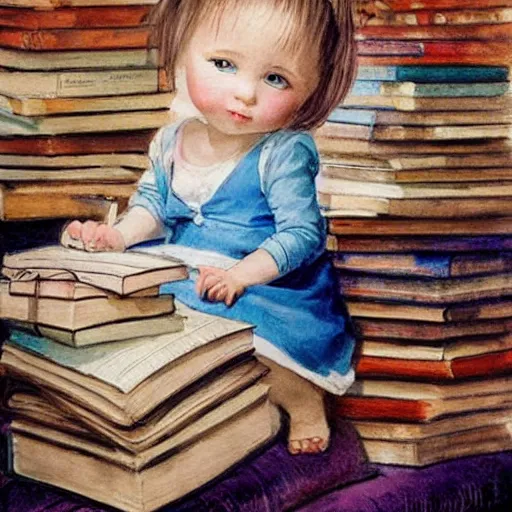 Image similar to a cute little girl with a round cherubic face, blue eyes, and short wavy light brown hair sitting on top of a stack of books. beautiful cartoon painting with highly detailed face by quentin blake and greg rutkowski