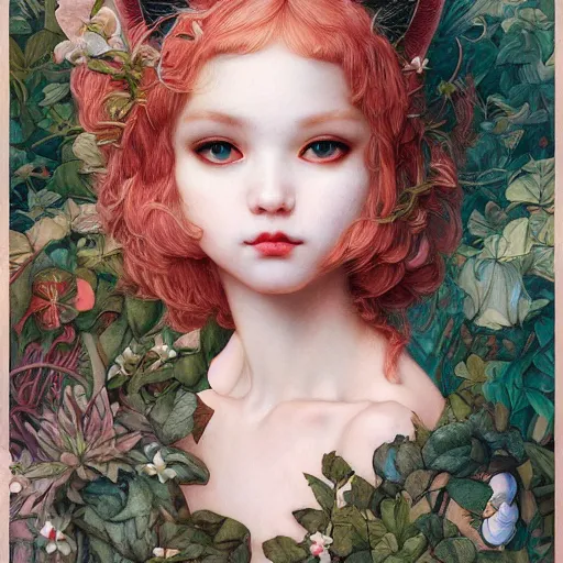 Prompt: white cat girl, botanical, portrait face, colorful, kupka, intricate, miles johnston, kuroda seiki, ozabu, godward, painterly, yoshitaka amano, moebius, miles johnston, louise zhang, james jean, mark ryden lowbrow pop surrealism art style