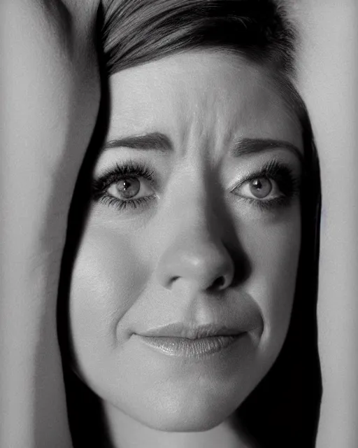 Image similar to award winning photo of Alyson Hannigan, chesterfield lounge, symmetrical face, beautiful eyes, studio lighting, wide shot art by Sally Mann & Arnold Newman