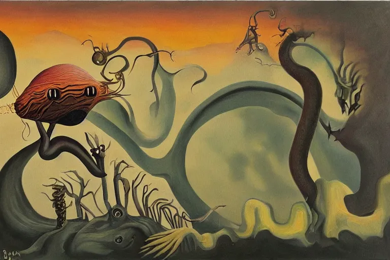 Image similar to a painting of a strange looking creature with a mustache, a surrealist painting by charles e. burchfield, trending on deviantart, pop surrealism, apocalypse landscape, dystopian art, surrealist