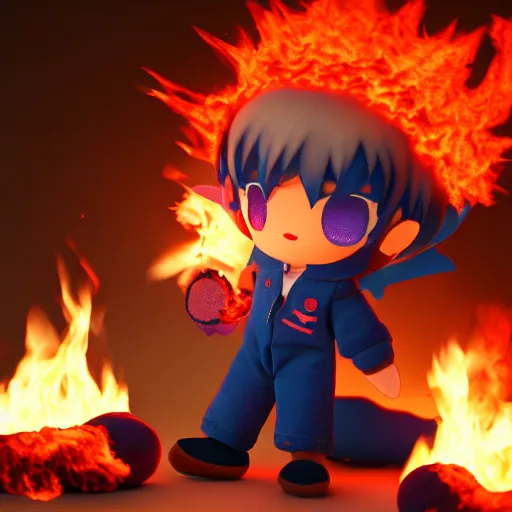Image similar to cute fumo plush of a boy who can burn things just by looking at them, fiery stare, lens flare, vray
