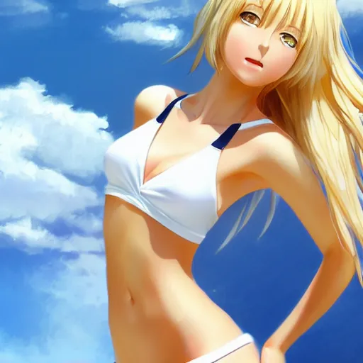 Prompt: full body shot : a very beautiful young blond tennis anime girl, sky blue eyes,, bikini, white miniskirt, highly detailed, cinematic wallpaper by stanley artgerm lau