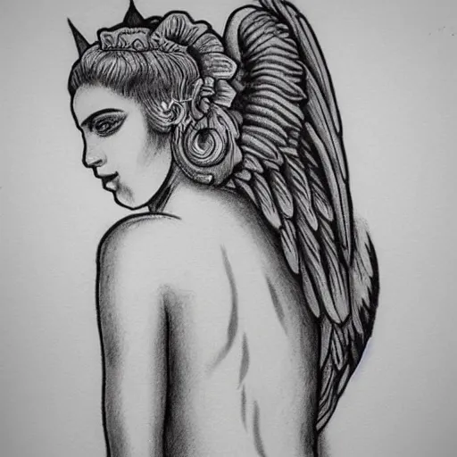 Prompt: realism!!!! Back tattoo!! design sketch of a Magestic Angel, in the style of Da Ink