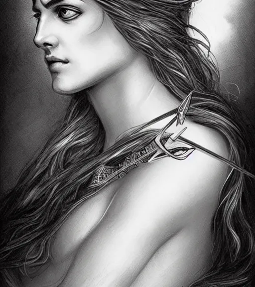 Image similar to beautiful aphrodite goddess wearing an arrow on her head, realistic face, beautiful eyes, black and white drawing, in the style of greg rutkowski, fantasy, amazing detail, epic, intricate, elegant, smooth, sharp focus