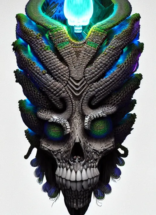 Image similar to 3 d shaman profile portrait, sigma 5 0 0 mm f / 5. beautiful intricate highly detailed quetzalcoatl skull and feathers. bioluminescent, plasma, lava, ice, water, wind, creature, thunderstorm! artwork by tooth wu and wlop and beeple and greg rutkowski, 8 k trending on artstation,