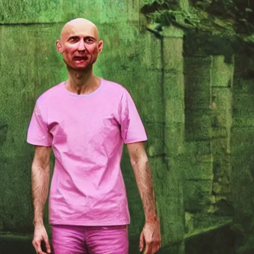 Image similar to bald skinny man in a pink t - shirt and pink pants, a colorized photo by hinchel or, tumblr, fantastic realism, colorized, handsome, da vinci