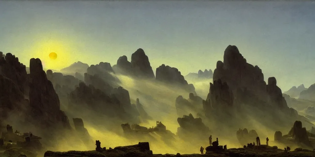 Image similar to village above the clouds, sharp pointy mountains, wooden platforms, tents, colors, misty clouds, sun at dawn, brutalism, painting by caspar david friedrich