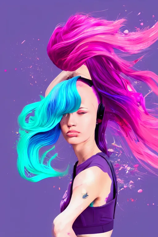 Image similar to a award winning half body porttrait of a beautiful woman in a croptop and cargo pants with ombre purple pink teal hairstyle with head in motion and hair flying, paint splashes, outrun, vaporware, shaded flat illustration, digital art, trending on artstation, highly detailed, fine detail, intricate