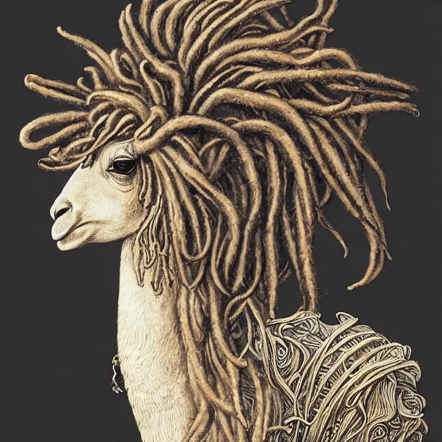 Prompt: llama with dreadlocks, by ernst haeckel, artgerm, james jean