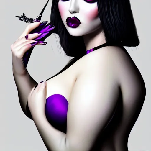 Prompt: portrait of a curvy feminine hot pale goth woman with elaborate elegant tight silver nylon latex and silk outfit black lipstick and purple makeup, cgsociety, realistic, highly detailed, sublime, 16k, smooth, sharp focus, ArtStation, hyperdetailed, volumetric lighting