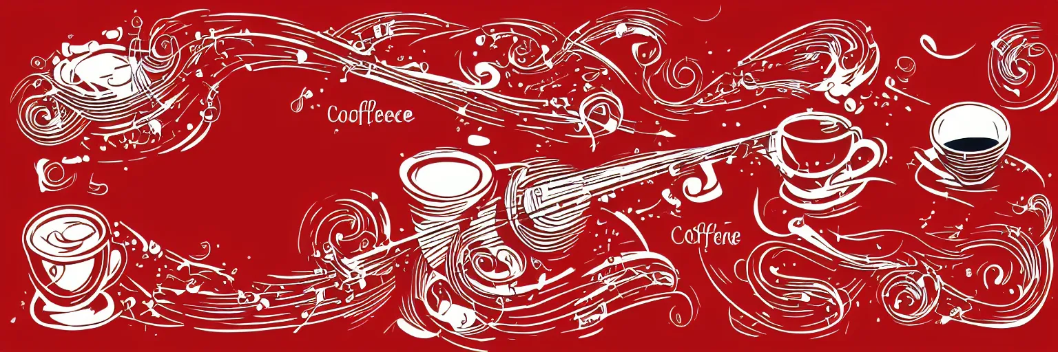 Prompt: banner design, coffee and musical instrument, vector, line art, red and white,