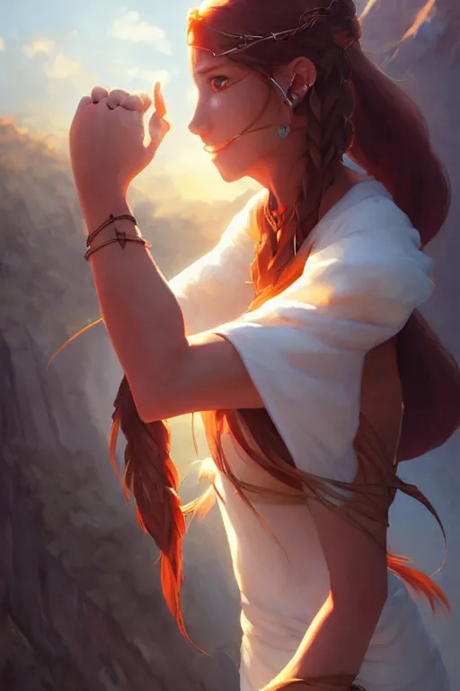 Image similar to long ginger hair, tanned woman in a prehistoric outfit, by artgerm, hair tied in a ponytail, white backdrop, soft lighting, cold colors, by greg rutkowski makoto shinkai takashi takeuchi