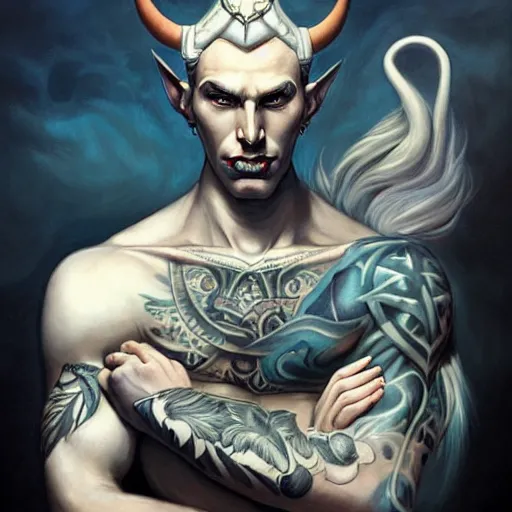 Image similar to handsome pale white tiefling with ink stylized tattoos, draconic masculine male shaman, portrait by Artgerm, peter mohrbacher W 704