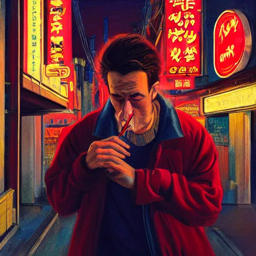 Prompt: realistic close portrait painting of man smoking in a neon sign lit tokyo alley at night in the style of soviet realism