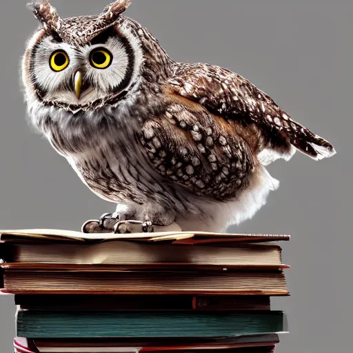 Image similar to long shot of a cute friendly owl sitting on a pile of books, by naoto hatori, by yoshita amano, by esao andrews, product photography, hyperrealistic, big depth of field, fresh colors, 3 d octane render conceptart, 4 k, highly detailed, trending on artstation