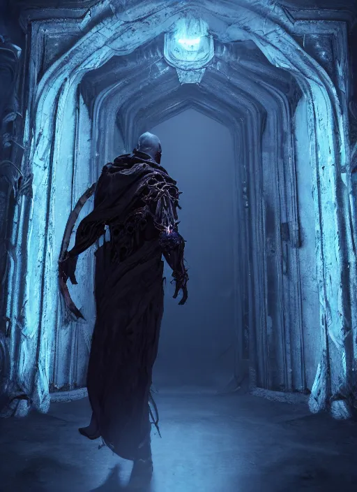 Prompt: character and environment design, ( ( biomechanical ) ) arcanist walking through a magic portal, tattered!!! robe and hood, blue light, fog, scary, arrogant, hostile, photorealistic, cinematic, hyper realistic, octane render, 8 k, wide angle