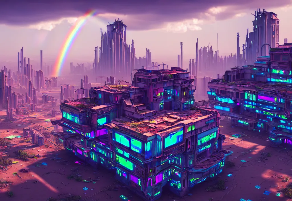 Image similar to A highly detailed crisp unreal engine render of aerial drone photo of A beautiful futuristic cyberpunk abandoned city building with neon, plants, perfect well made rainbow on the sky, sunlight breaking through clouds, debris on the ground, abandoned machines bright warm colors by wangchen-cg, 王琛,Neil blevins, artstation