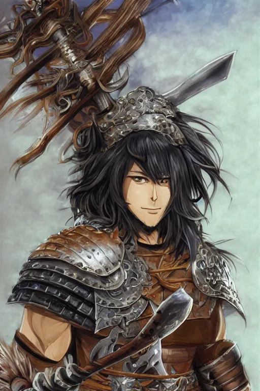 Image similar to A realistic anime portrait of a young handsome male barbarian with long wild hair, intricate fantasy spear, plated armor, D&D, dungeons and dragons, tabletop role playing game, rpg, jrpg, digital painting, by Yusuke Murata, concept art, highly detailed, promotional art, HD, digtial painting, trending on ArtStation, golden ratio, rule of thirds, SFW version