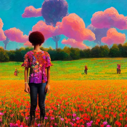 Prompt: afro made of colorful flowers, full body, girl standing in the middle of a field with flowers, surreal photography, hills, big trees, sunrise dramatic light, impressionist painting, colorful clouds, digital painting, pointillism, artstation, simon stalenhag