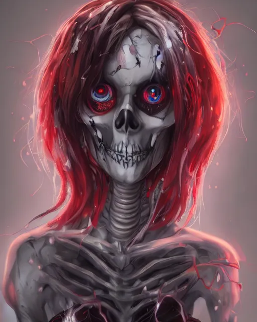 Image similar to A realistic anime portrait of a beautiful skeleton woman with glowing red eyes wearing clothes made of skulls, digital painting, by Stanley Artgerm Lau, Sakimichan, WLOP and Rossdraws, digtial painting, trending on ArtStation, SFW version