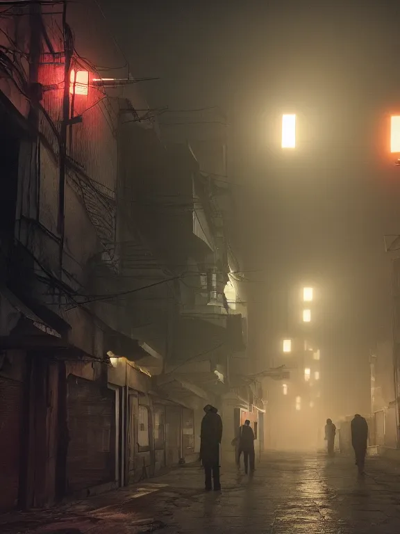 Image similar to bladerunner 2 0 4 9 fillm still of low residential building in russian suburbs, lights are on in the windows, deep night, post - soviet courtyard, cozy atmosphere, light fog, street lamps with orange light, several birches nearby, several elderly people stand at the entrance to the building