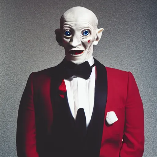 Image similar to highly detailed full body portrait of an evil alien wearing a tuxedo, red bowtie, by gottfried helnwein, by richard estes, studio lighting, sigma 8 5 mm f / 1. 4