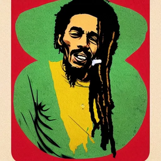 Image similar to Bob Marley smoking portrait, very detailed, large white border, hd, high resolution print :1 Red, Gold and Green Tones by Sachin Teng, trending on deviant art :1