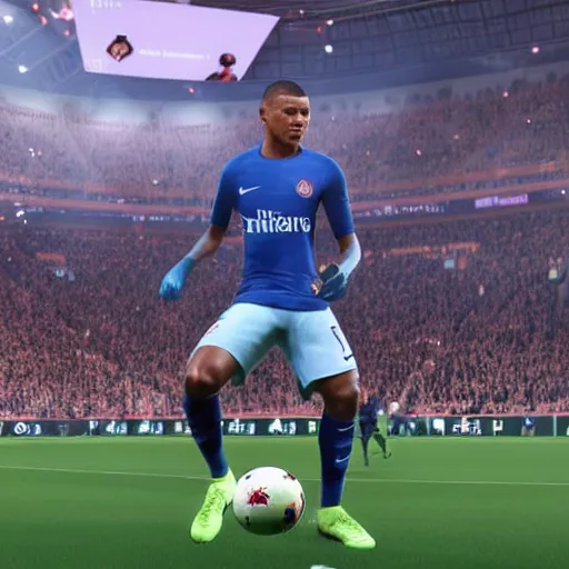 Image similar to kylian mbappe playing ea sports fifa at home