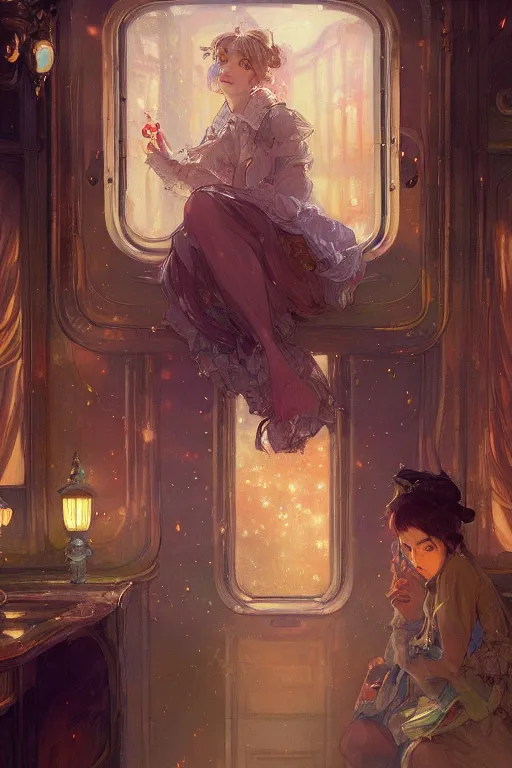 Image similar to inside the train, night, lamplight, shimmering and prismatic, rococo, by krenz cushart and mucha and monet, trending on artstation.