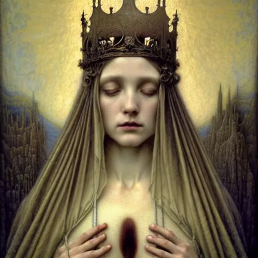 Image similar to detailed realistic beautiful young medieval queen face portrait by jean delville, tom bagshaw, brooke shaden, gustave dore and marco mazzoni, art nouveau, symbolist, visionary, gothic, pre - raphaelite, ornate gilded medieval icon, surreality, ethereal, unearthly, haunting, celestial, neo - gothic, ghostly, memento mori, eerie