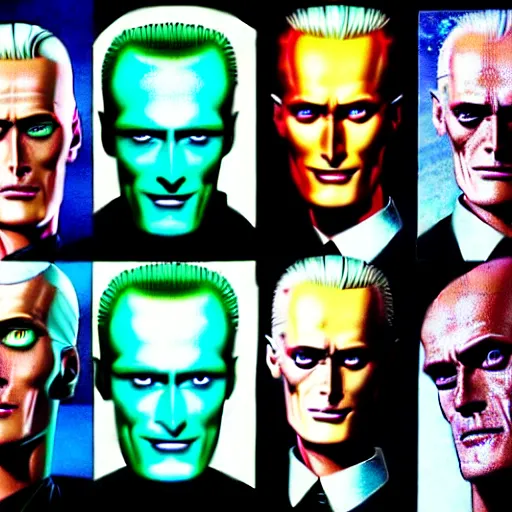 Image similar to uhd hyperrealistic photorealisitc detailed image of cosmic max headroom with sparking, busted, broken cybernetic implants, correct face, matt frewer as max headroom by ayami kojima, amano, karol bak, and ferdinand knab.
