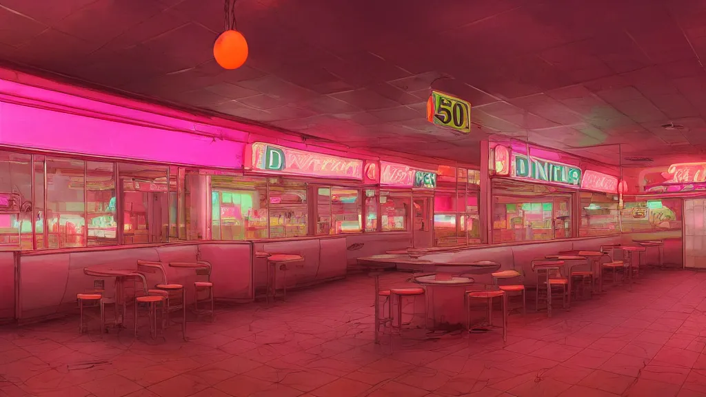 Image similar to the inside of an abandoned 5 0's diner at night, pink and orange neon lights, highly detailed interior, artstation trending, cryenging 8 k uhd