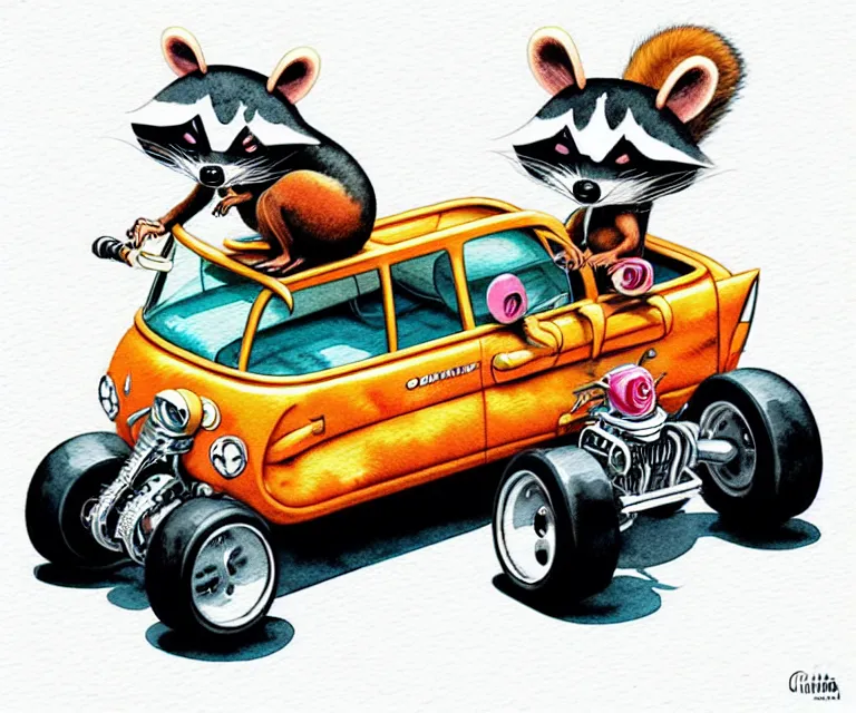 Image similar to cute and funny, cigar smoking racoon riding in a tiny hot rod with oversized engine, ratfink style by ed roth, centered award winning watercolor pen illustration, isometric illustration by chihiro iwasaki, edited by range murata, tiny details by artgerm, symmetrically isometrically centered