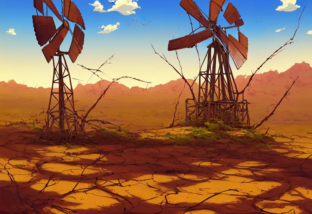 Prompt: rusty windmill in the desert with chubby vines, dead trees and puddles in the foreground, intricate oil painting, high detail illustration, sharp high detail, manga and anime 1 9 9 9, official fanart behance hd artstation by jesper ejsing and makoto shinkai, 4 k,