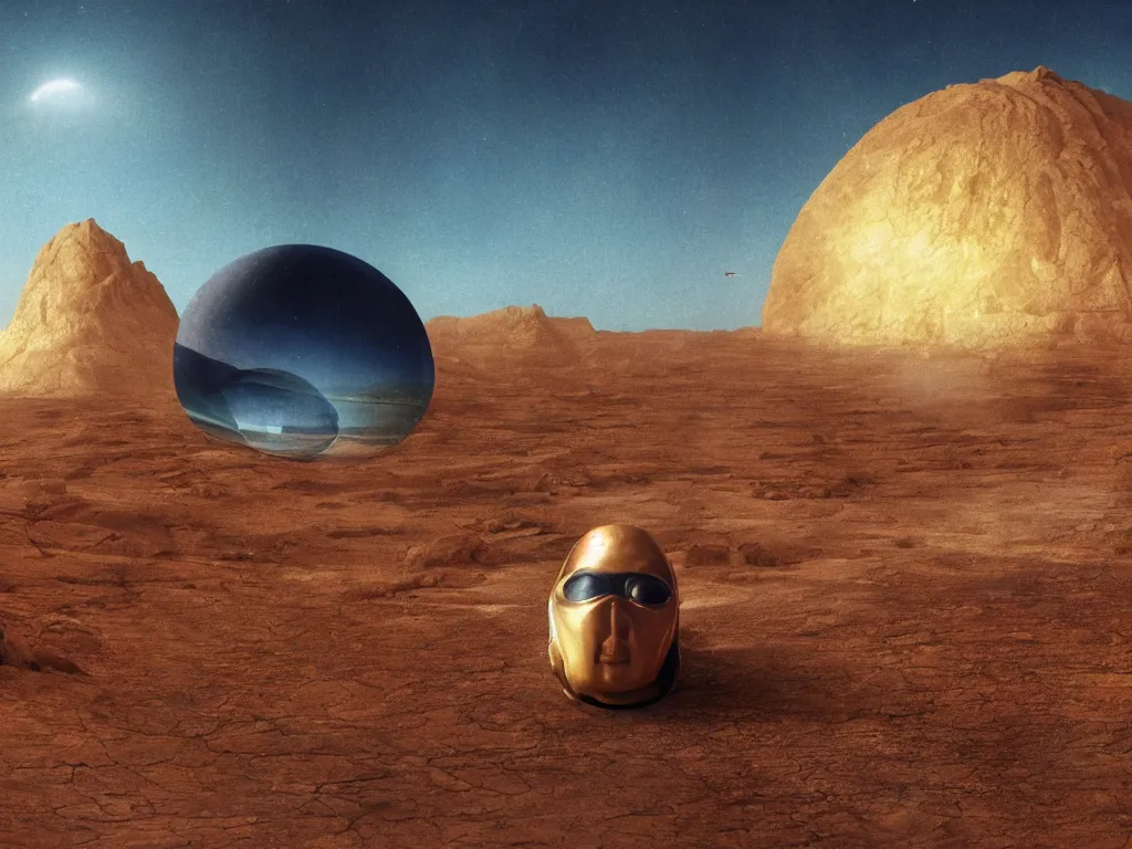 Image similar to glowing bene gesserit in full - face golden mask in a dry rocky desert landscape with abandoned city beneath the sand and giant alien spaceship in the sky attacks the earth, giant mirrors by christopher doyle and alejandro jodorowsky, anamorphic lens, kodakchrome, cinematic composition, very detailed photo, 8 k,