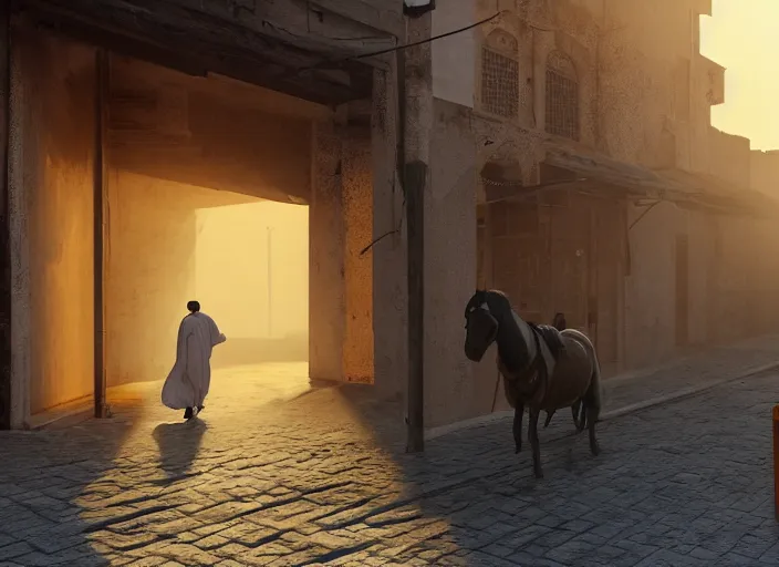 Prompt: old jeddah city alley, roshan, old shops, horse, magical glowing gate to another dimension, a man wearing a white robe standing watching over, dramatic lighting, dawn, by caspar david friedrich, unreal engine 5