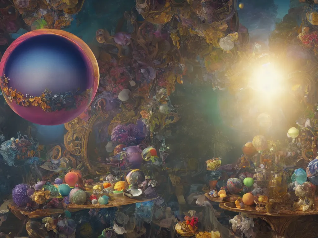 Image similar to 3 d render, sunlight study, the universe is a spheroid region 7 0 5 meters in diameter, art nouveau, by jan davidz de heem and ( ( ( ( ( lisa frank ) ) ) ) ), 8 k, sharp focus, octane render