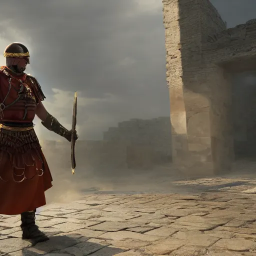 Image similar to a roman solider going into battle with a face that is angry and one that of breavey, 4 k, unreal engine 6, very detailed, high quality, highly rendered