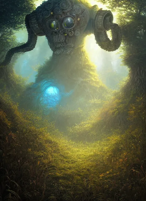 Image similar to Ancient overgrown Robot laying in a clearing, extremly detailed digital painting, sunlight, in the style of Tomasz Alen Kopera and Fenghua Zhong and Peter Mohrbacher, mystical colors, rim light, beautiful lighting, 8k, stunning scene, raytracing, octane, trending on artstation