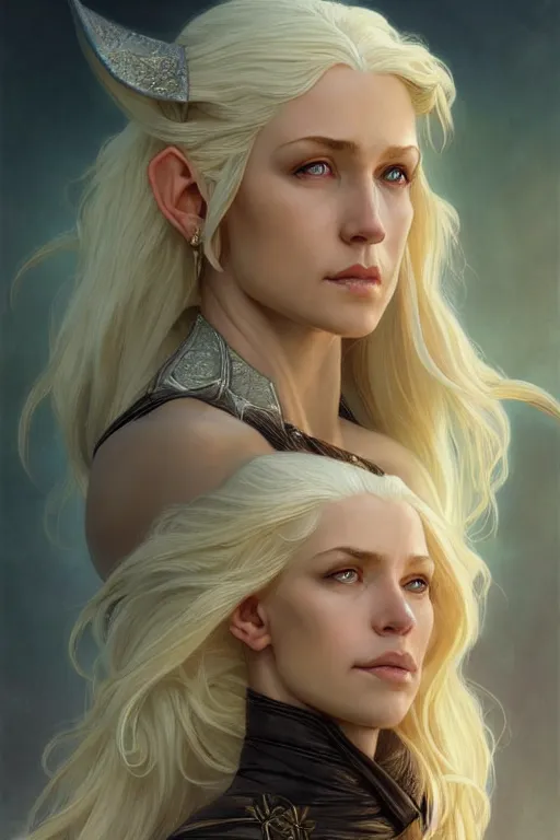 Image similar to portrait of an old blonde elven mage, dark, piercing eyes, gentle expression, elegant clothing, photorealistic, highly detailed, artstation, smooth, sharp focus, art by michael whelan, artgerm, greg rutkowski and alphonse mucha