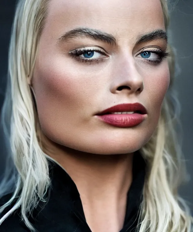 Image similar to a color photograph of margot robbie, by bernd & hilla becher, platinum blond, intense, bold, exaggerated, ultra sharp, extra details, ultra high quality, trending on pinteresst