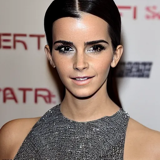 Image similar to a woman who is a genetic combination of kim kardashian and emma watson face and upper - body focus