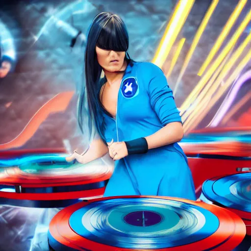 Image similar to a heroic woman wearing a blue super hero outfit playing on turntables, digital artwork, art station trending, ultra high detail