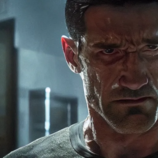 Image similar to a 4 k cinematic still portrait of the punisher breaking into the office from a gritty cyberpunk 2 0 0 0 s james cameron movie about spider - man. realism, cinematic lighting, 4 k. 8 mm. grainy. panavision.