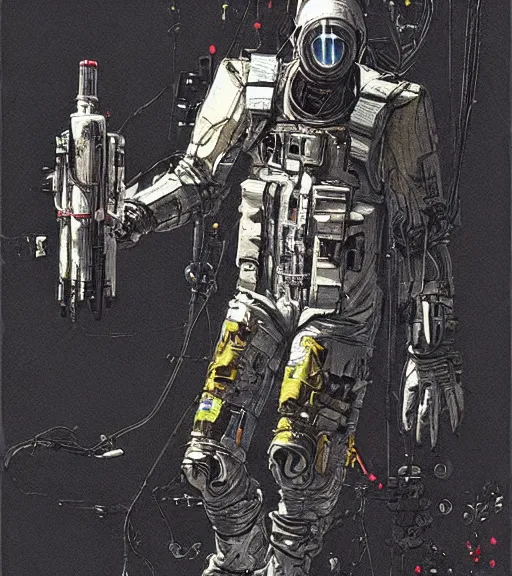 Image similar to realistic cyberpunk engineer with long limbs and a black spacesuit on a spacewalk, techwear, dead space, visible face, Industrial Scifi, detailed illustration, character portrait, by Ashley Wood and Moebius