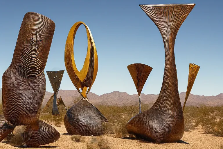 Image similar to surrealist metal sculptures by max ernst in a california desert landscape