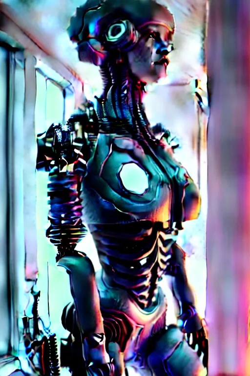 Image similar to ultra detailed, closeup photo of female android, cyborg, humanoid, gothic, ethereal, flowerpunk, scifi, fantasy, cyberpunk, octane render, megalopolis, unreal engine, asymmetrical!!!, photorealistic concept art, triadic color, art by artgerm and wlop and giger and greg rutkowski and alphonse mucha, 8 k