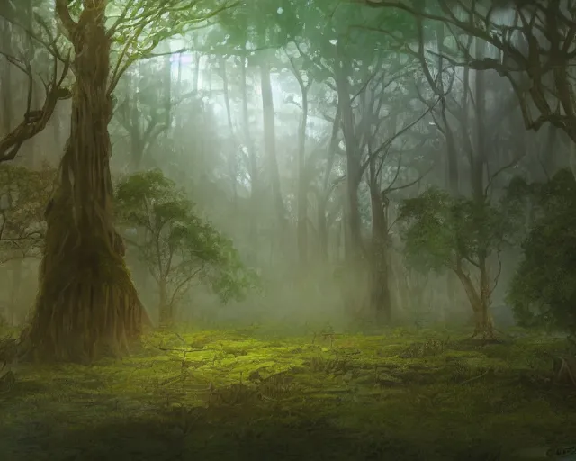 Image similar to deciduous forest in a humid subtropical climate, award winning fantasy concept art